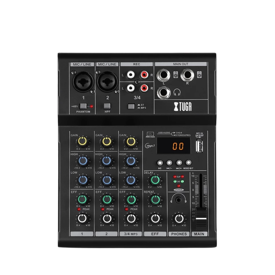 XTUGA N4 4-Channel Professional Audio Mixer with multiple input options and effects controls