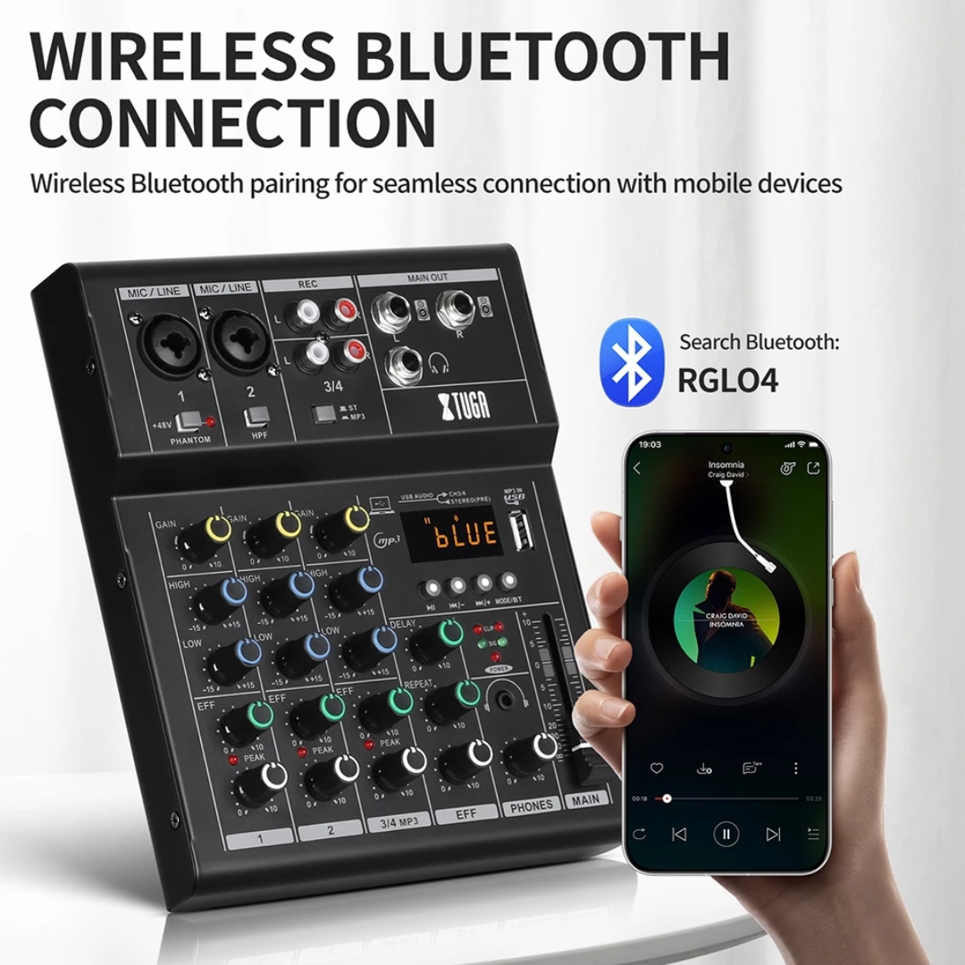 XTUGA N4 4-Channel Professional Audio Mixer with Bluetooth connection ideal for audio mixing