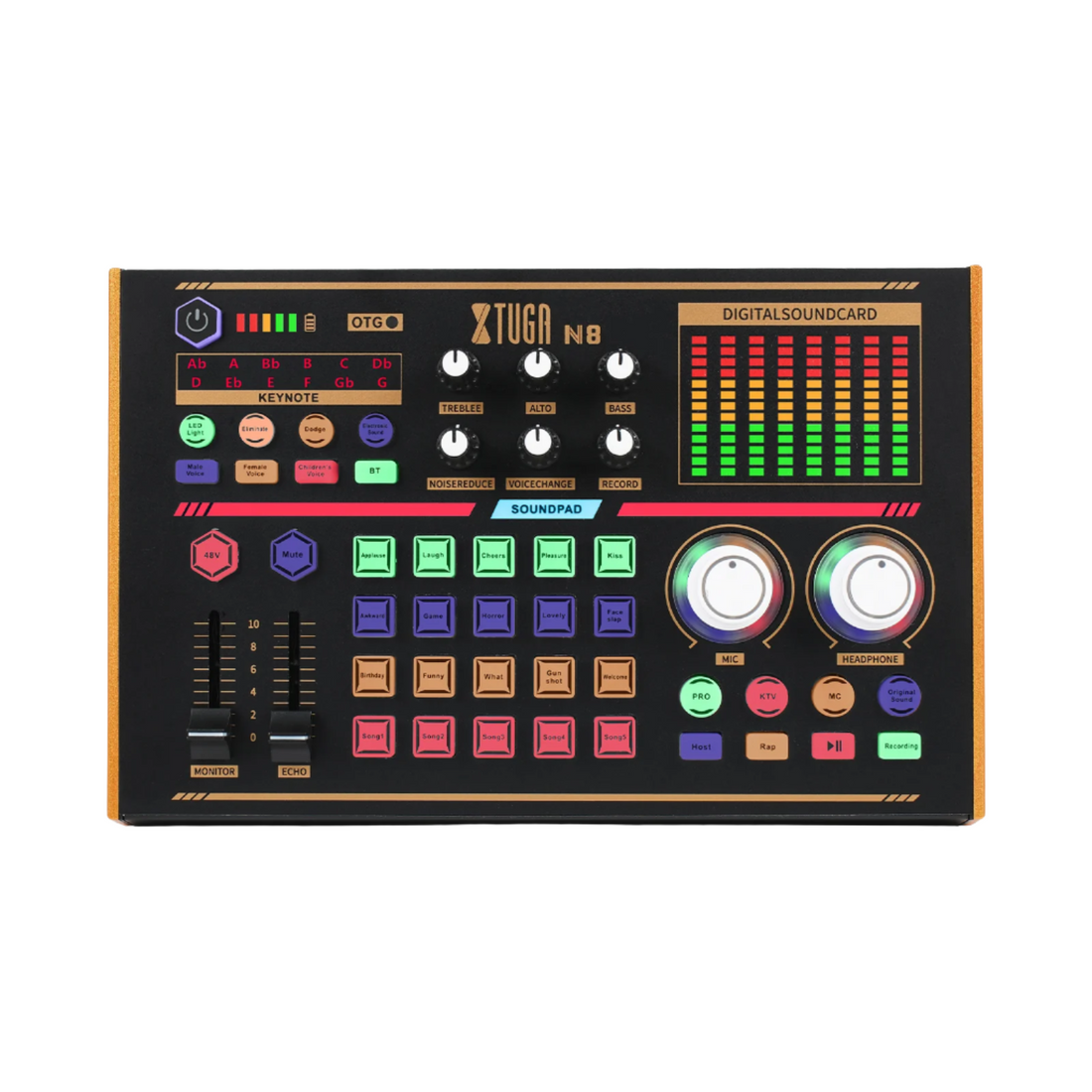 XTUGA N8 sound card with customizable buttons and vibrant LED level indicators for audio production