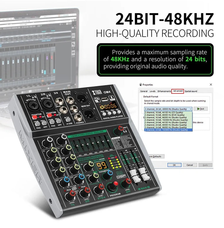 XTUGA OM4 sound mixing console with 24-bit and 48kHz recording for high-quality audio production