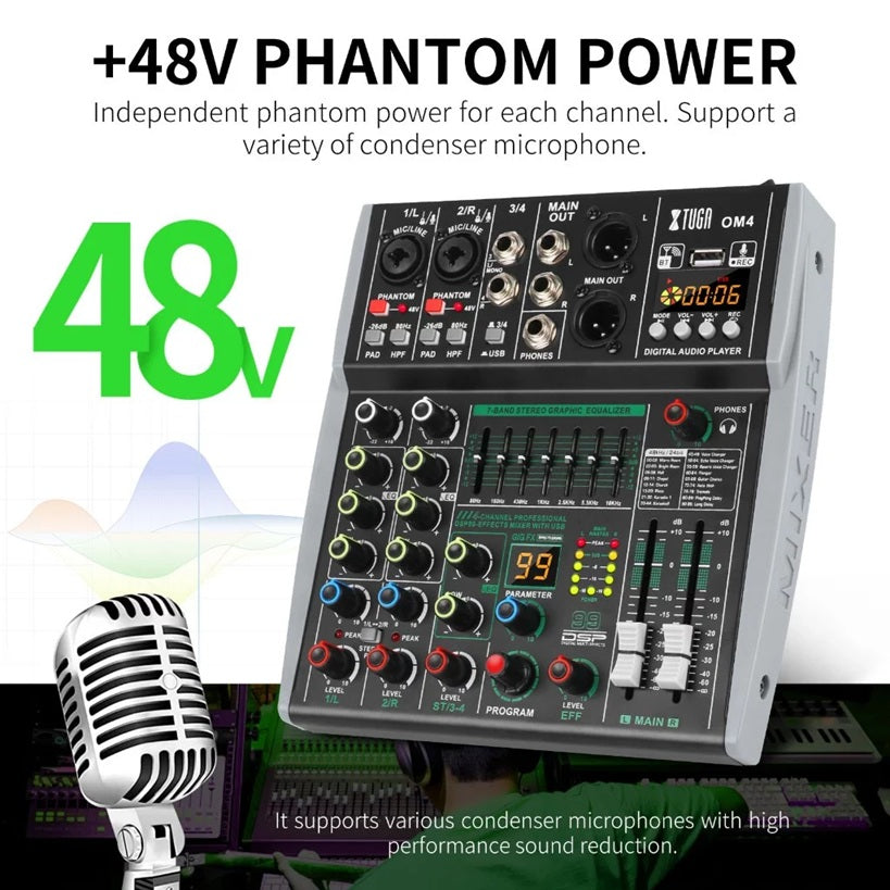 XTUGA OM4 sound mixing console featuring independent phantom power for professional audio mixing