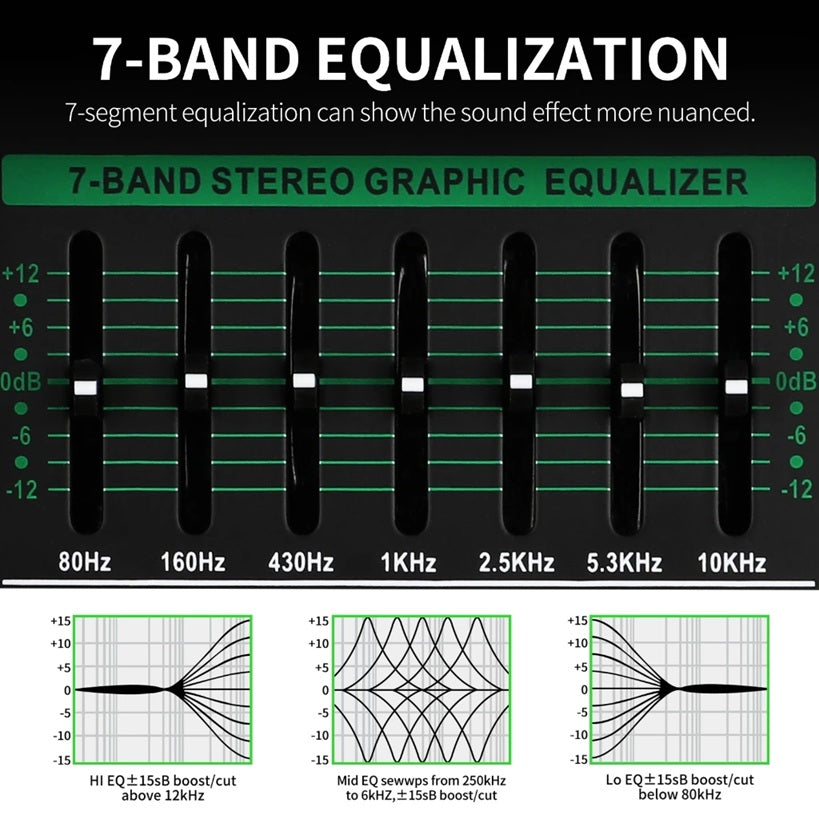 XTUGA OM4 sound mixing console showcasing a 7-band equalization setup for precise audio control