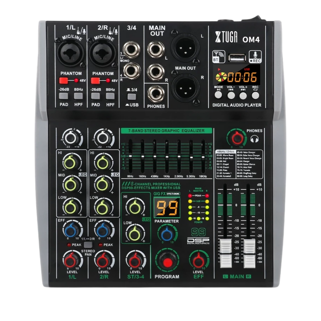 XTUGA OM4 sound mixing console with multiple inputs, graphic equalizer, and digital audio player
