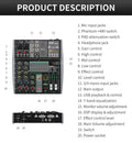 XTUGA OM4 sound mixing console featuring mic inputs, EQ controls, and USB playback options