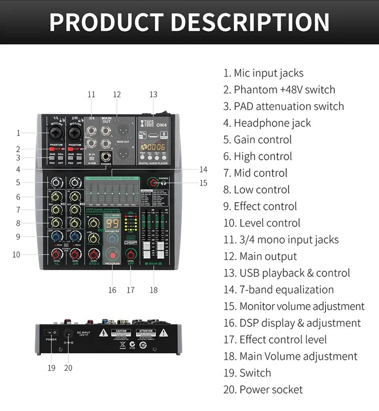 XTUGA OM4 sound mixing console featuring mic inputs, EQ controls, and USB playback options
