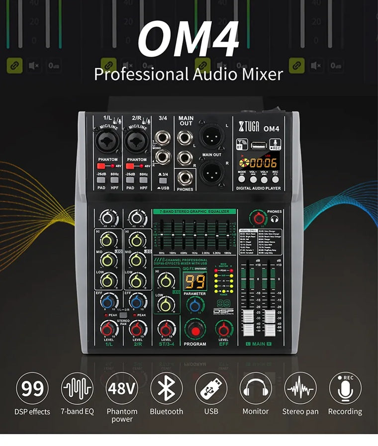 XTUGA OM4 sound mixing console with multiple inputs, graphic equalizer, and digital audio player