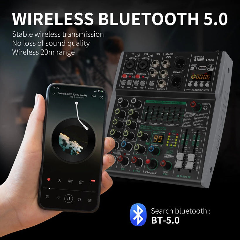 XTUGA OM4 sound mixing console with Bluetooth 5.0 for stable wireless transmission and high sound quality