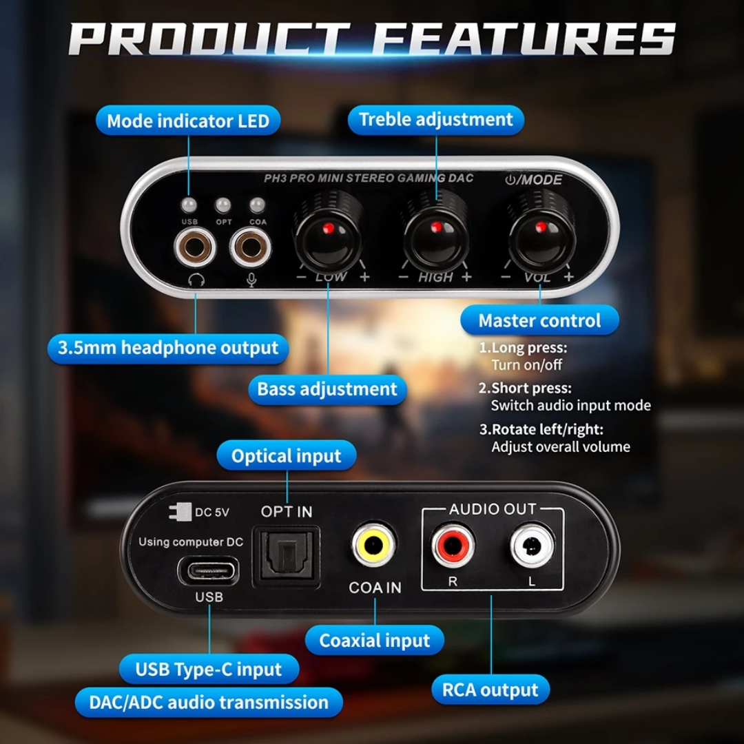 XTUGA PH-3 Audio Interface & Sound Card with headphone output, volume control, and various audio inputs