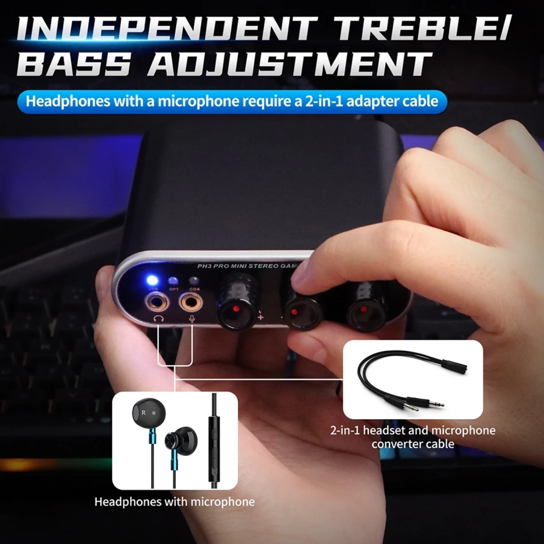 XTUGA PH-3 Audio Interface & Sound Card with independent treble and bass adjustment knobs