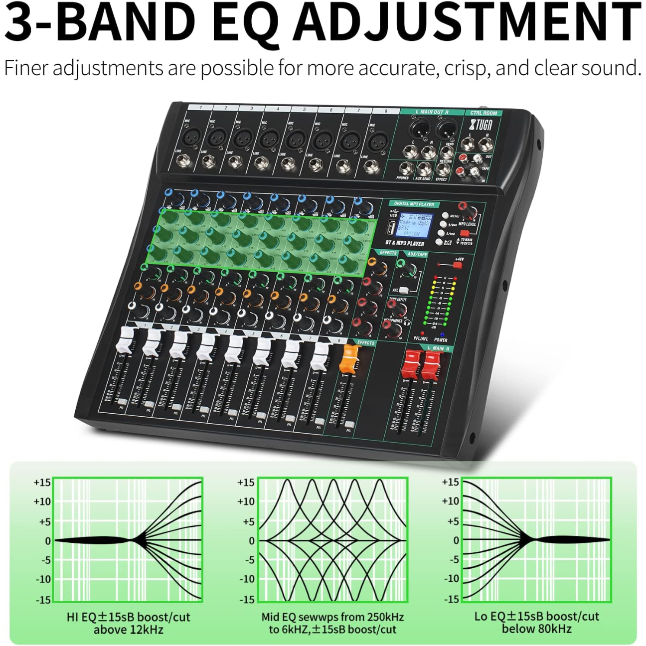 Professional Sound Board Audio Mixer Console with 3-Band EQ for customizable audio adjustments