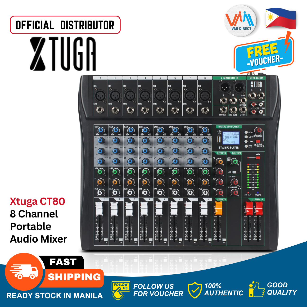 Xtuga CT80 8 Channel Portable Audio Mixer, ideal for professional use, featuring a professional sound board audio mixer console