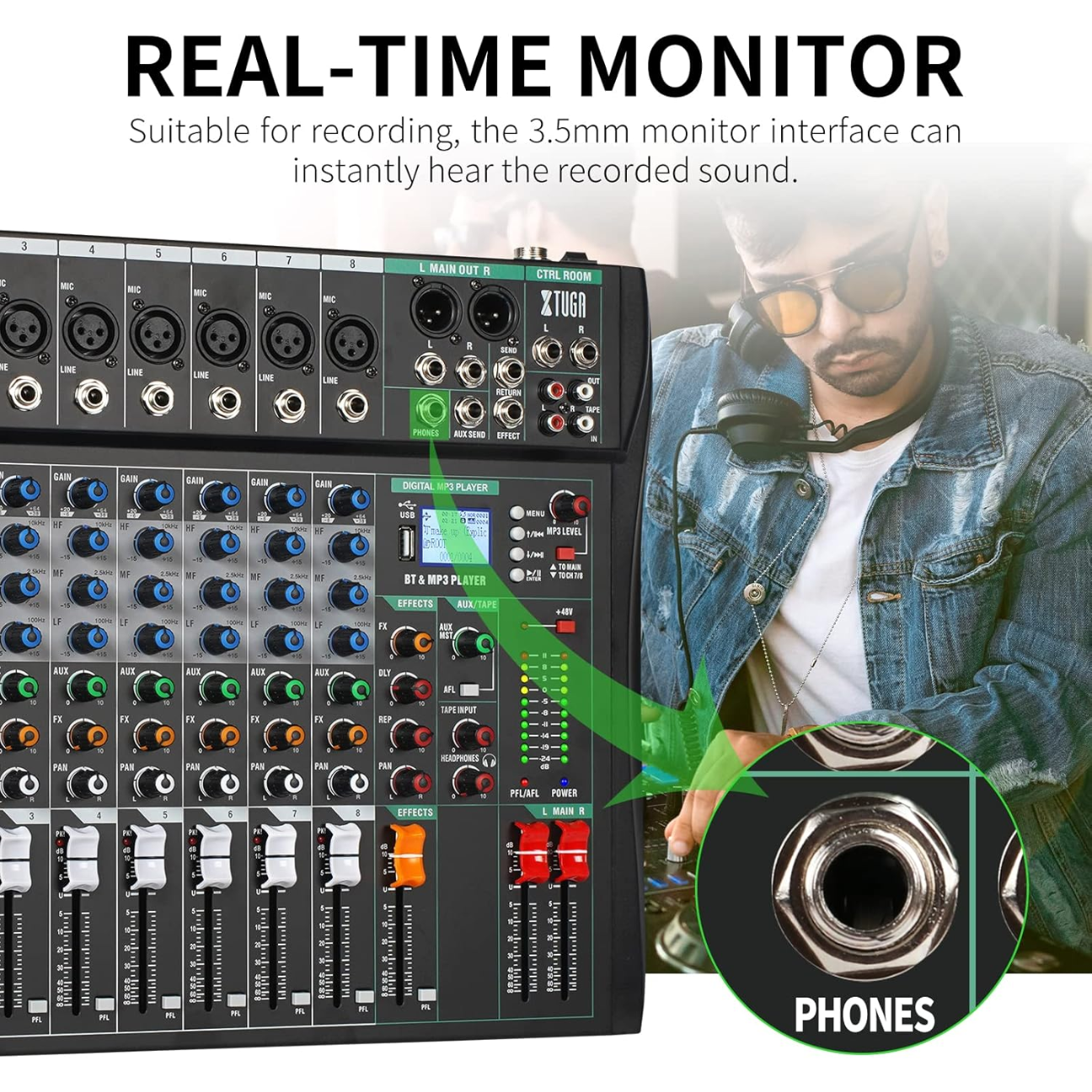 Professional Sound Board Audio Mixer Console with real-time monitor interface for instant sound playback