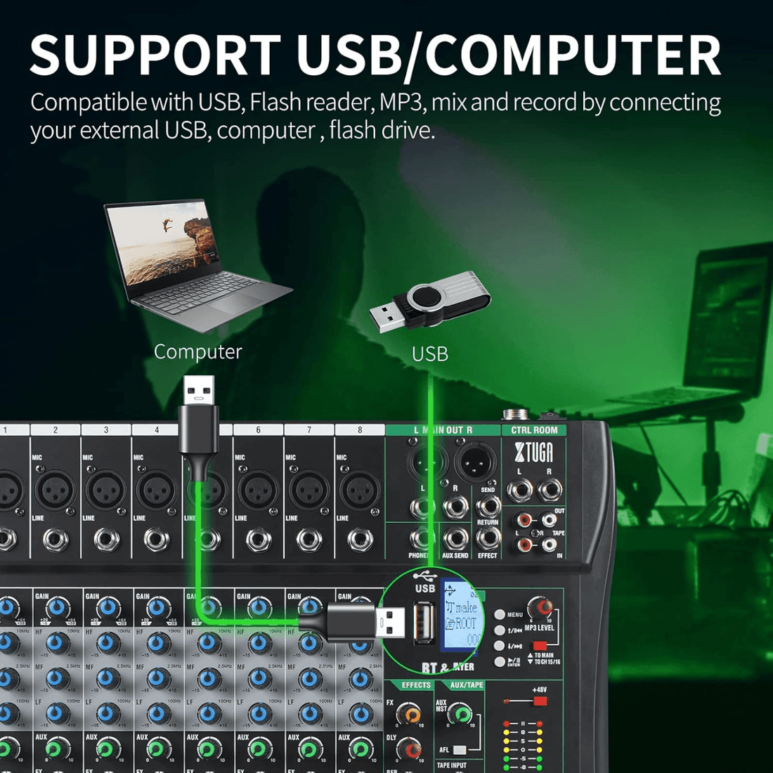Professional Sound Board Audio Mixer Console with multiple channels and USB connectivity for DJs and live sound