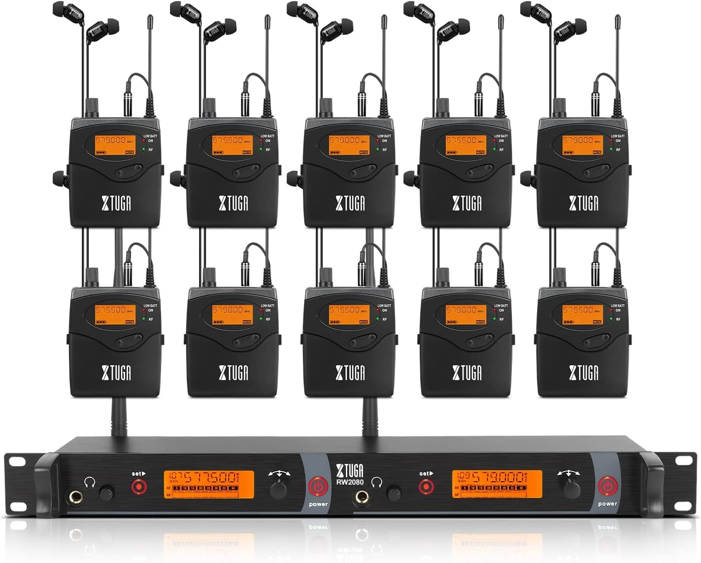 XTUGA RW2080 wireless in ear monitor system featuring multiple receivers and transmitters for quality sound