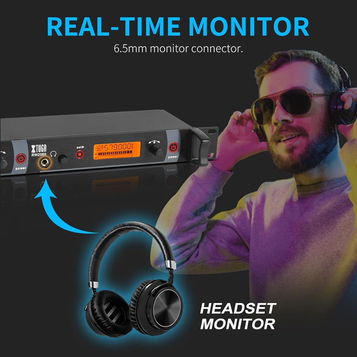 XTUGA RW2080 wireless in ear monitor system with headset monitor for real-time audio monitoring