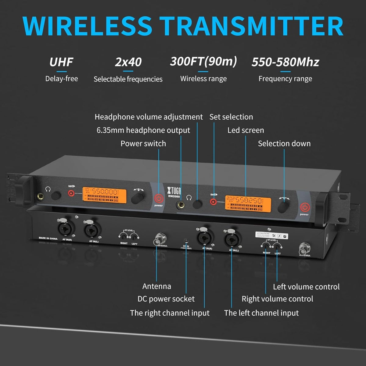 XTUGA RW2080 wireless in ear monitor system transmitter with volume controls and LED indicators