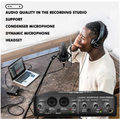 User recording vocals with XTUGA TEYUN Q24 sound card, headphones, and microphone in a studio setup