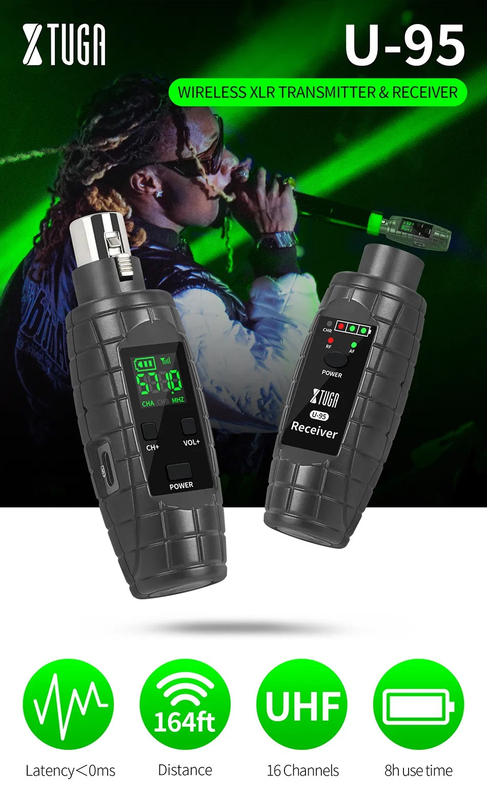 XTUGA U-95 guitar wireless system with receiver and transmitter featuring LED indicators for easy monitoring