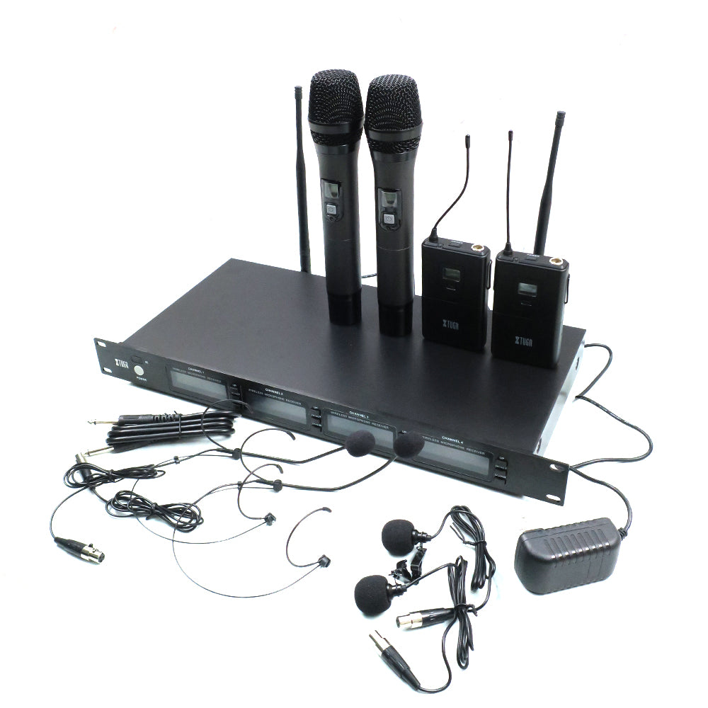 UHF wireless microphone system with dual handheld microphones and wireless receivers