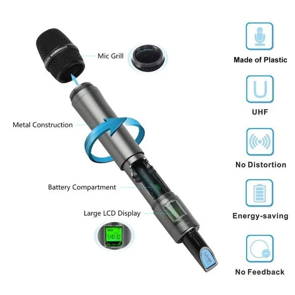 UHF wireless microphone system with large LCD display and durable metal construction