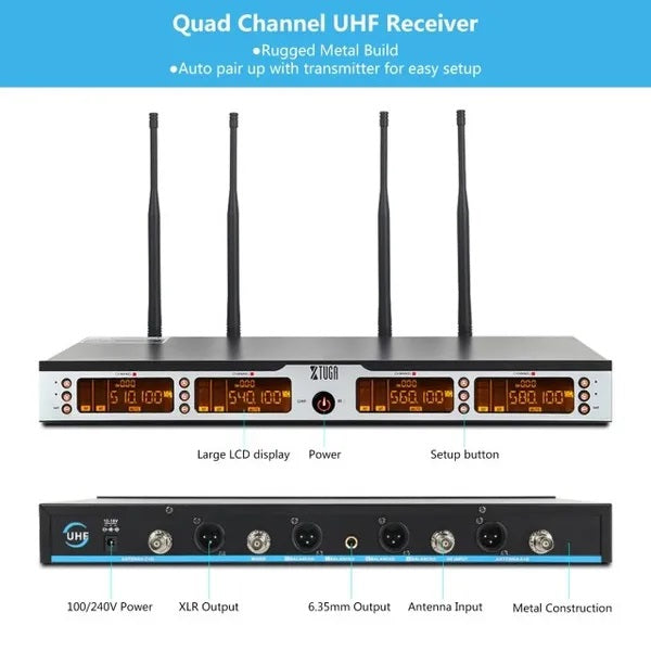 Quad Channel UHF wireless microphone system receiver with large LCD display and rugged metal build