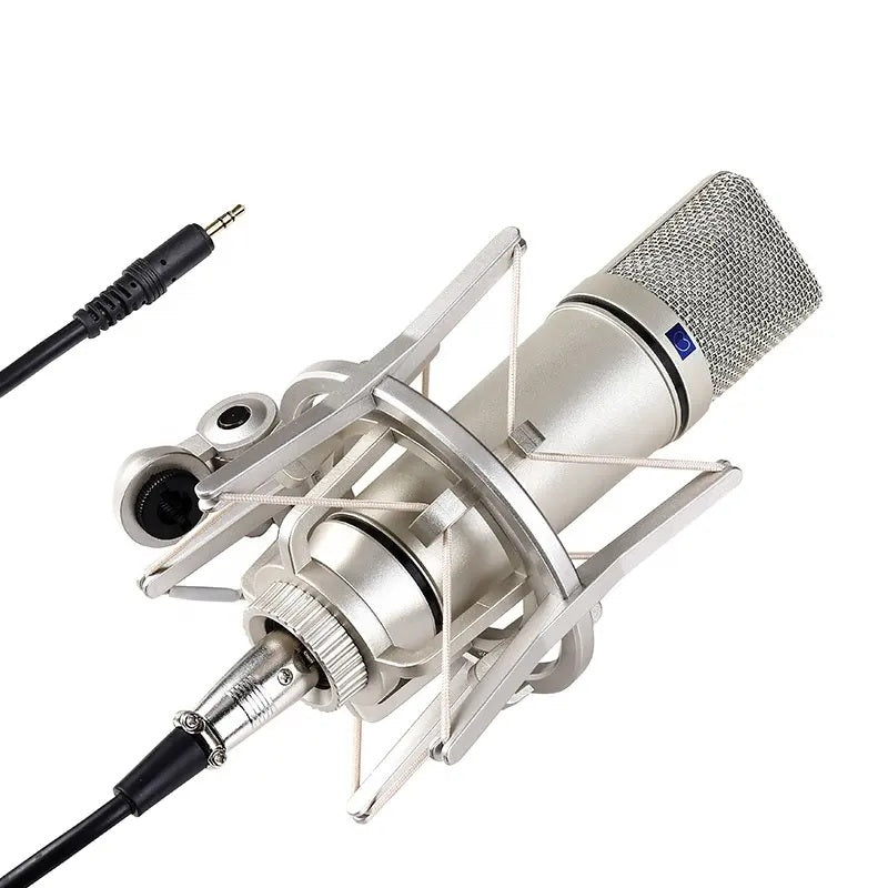 XTUGA UX87 condenser microphone in silver with shock mount and XLR cable for studio recording