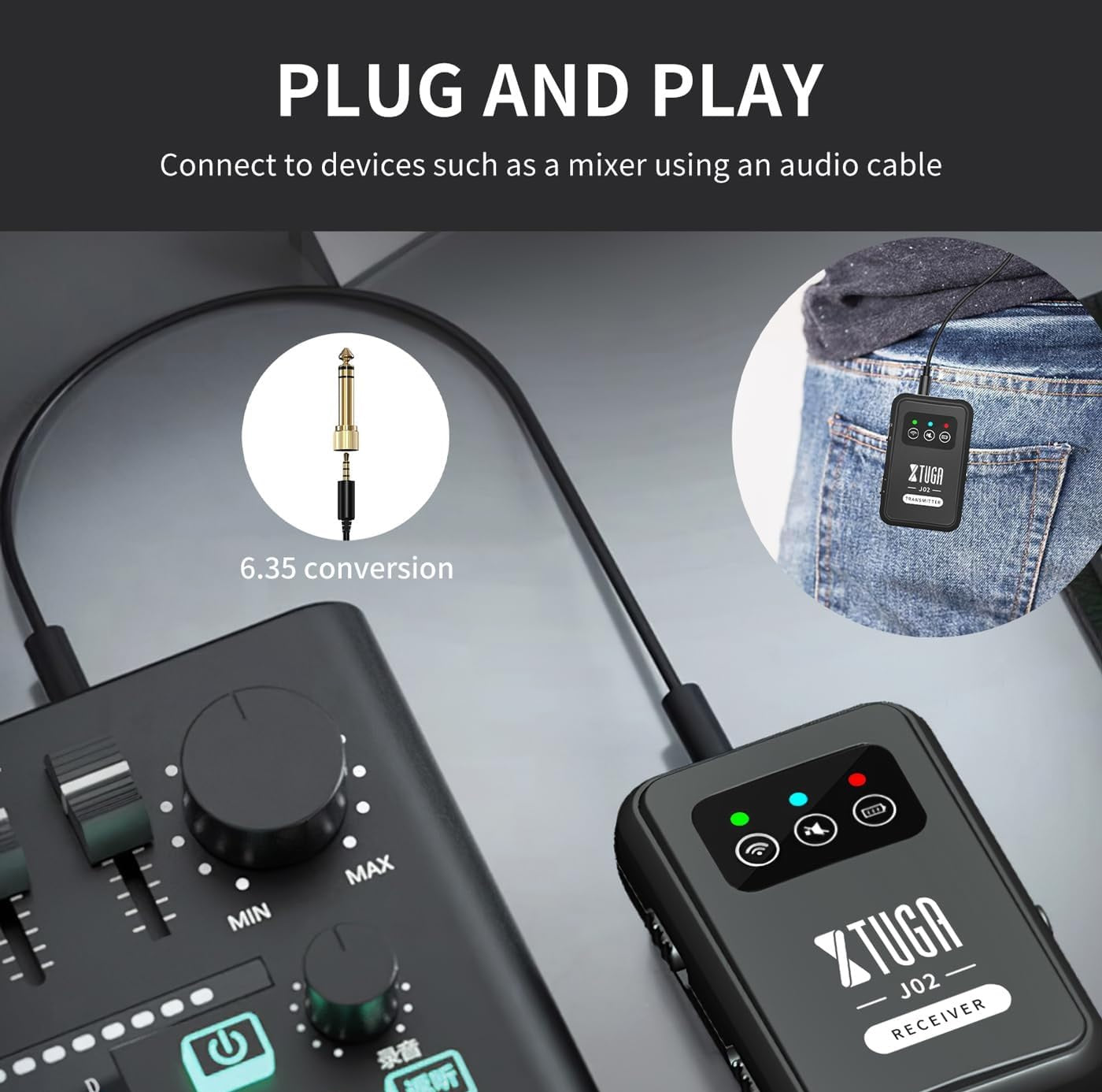 Wireless in ear monitor system with plug and play functionality for easy audio connection