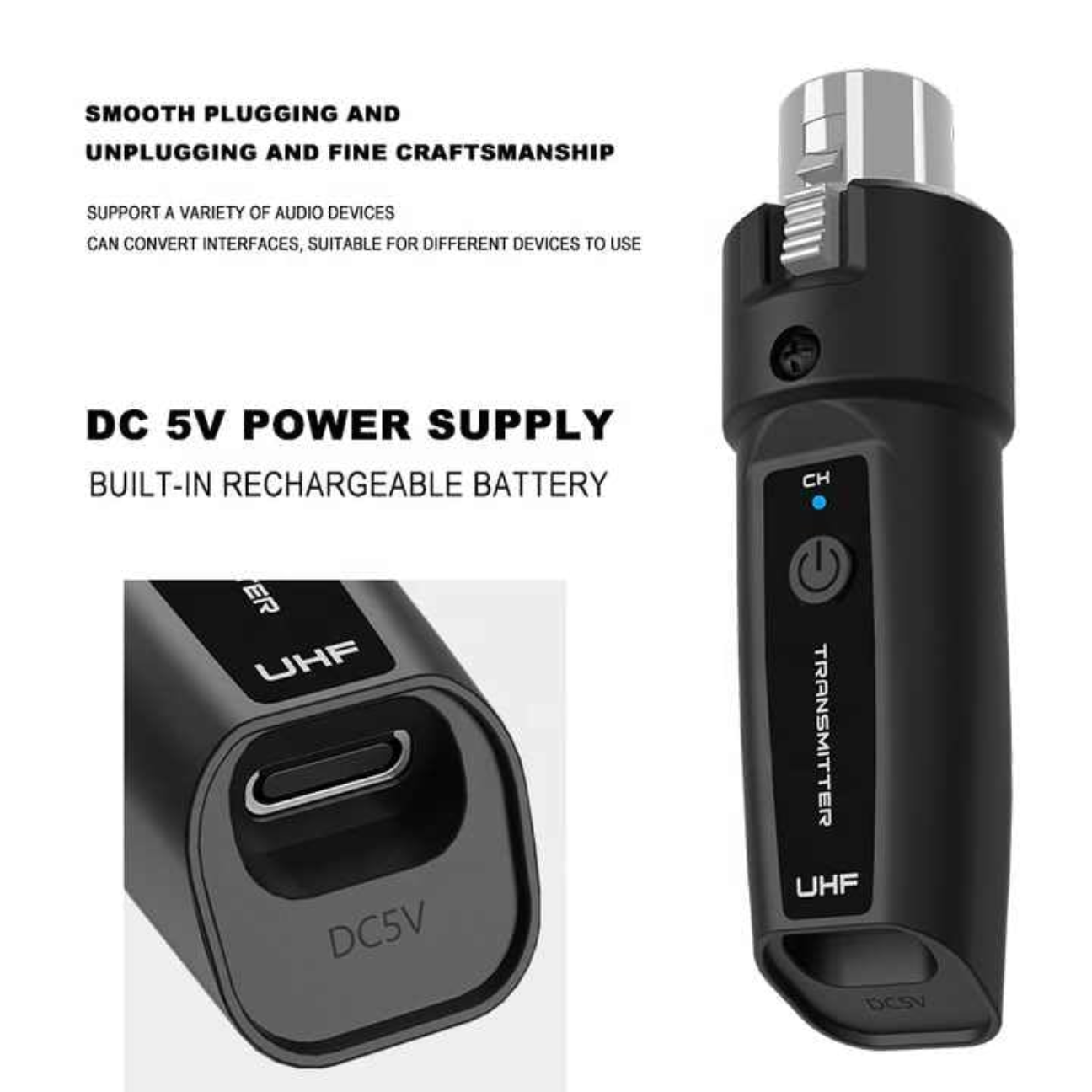 VMIDirect Wireless Microphone System Transmitter with USB-C Power Supply and Built-in Rechargeable Battery