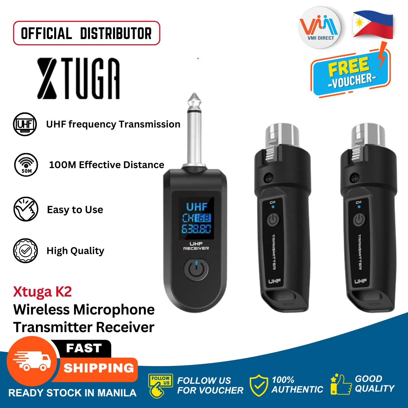 Xtuga K2 Wireless Microphone System with UHF Receiver and Transmitter for Easy Use