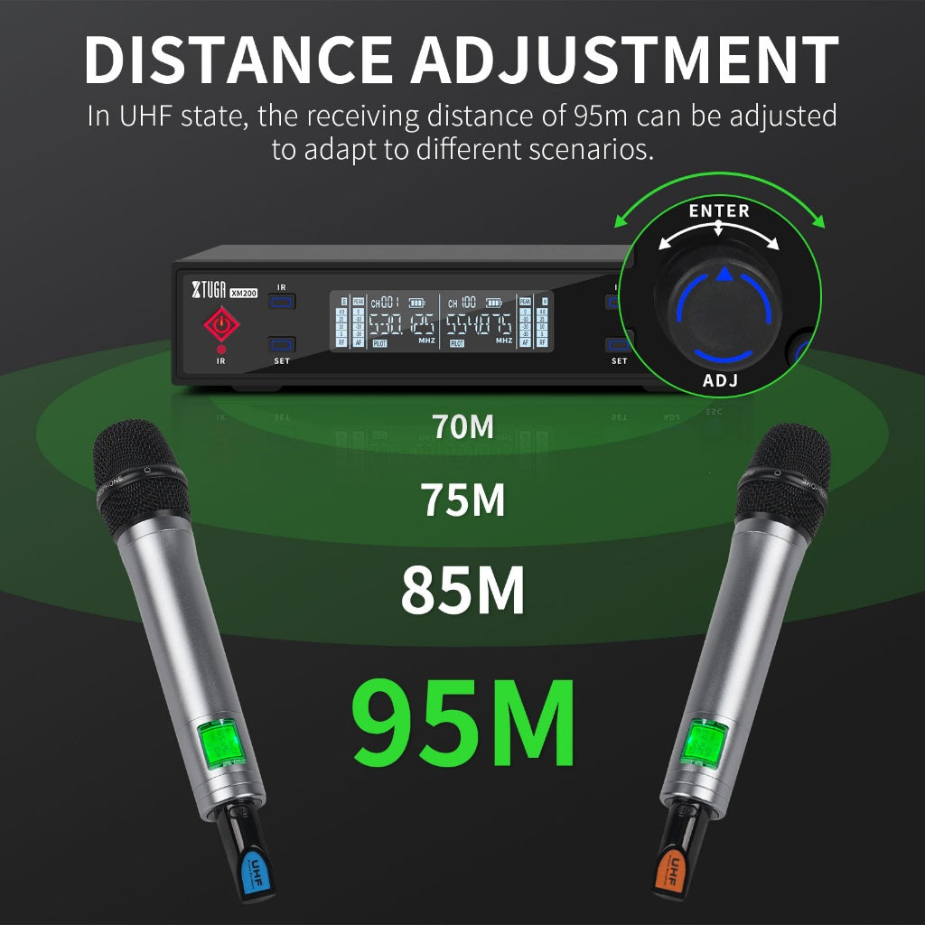 XTUGA XM200 true diversity mic system with adjustable distance settings for versatile audio performance