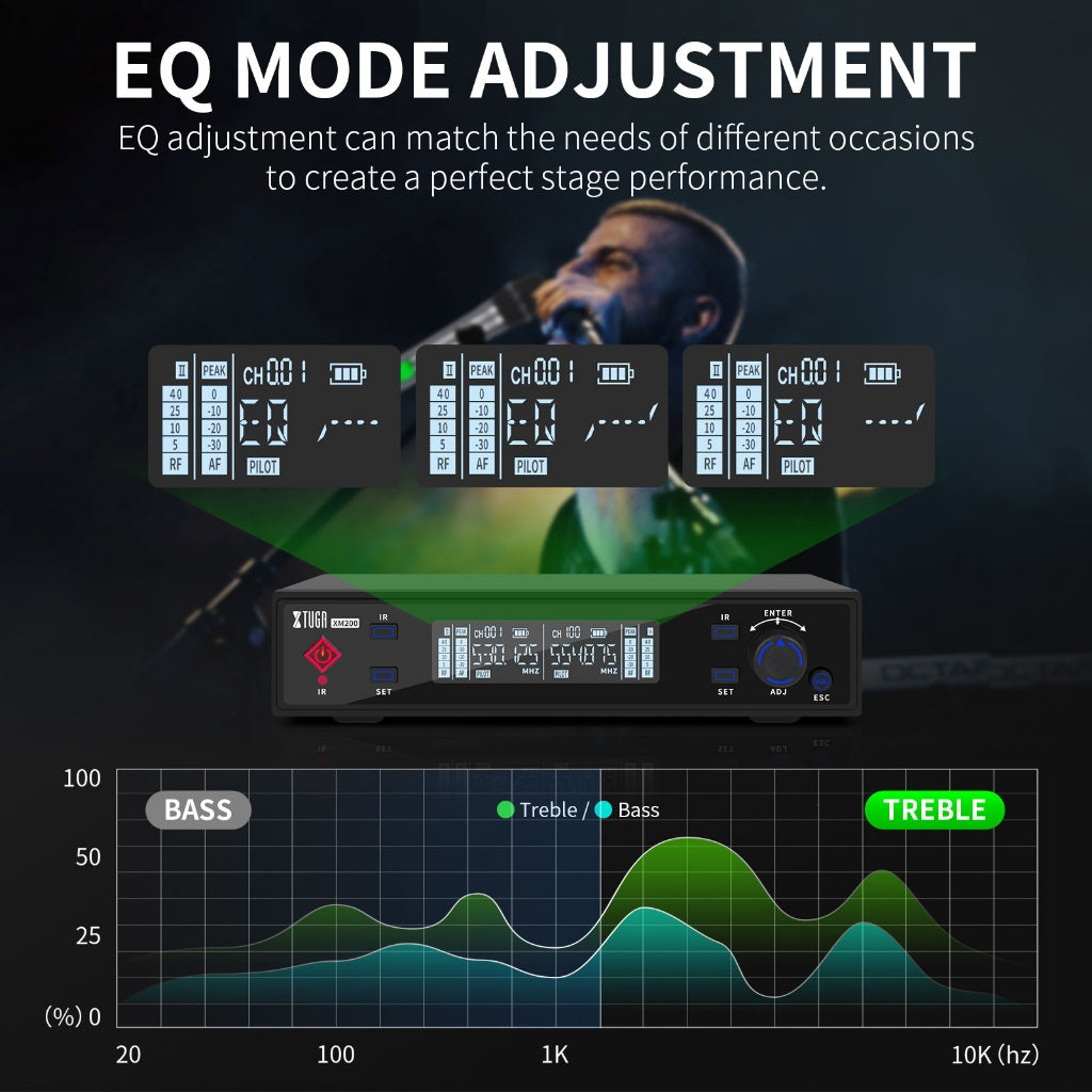 XTUGA XM200 true diversity mic system with EQ adjustment for optimized stage performance
