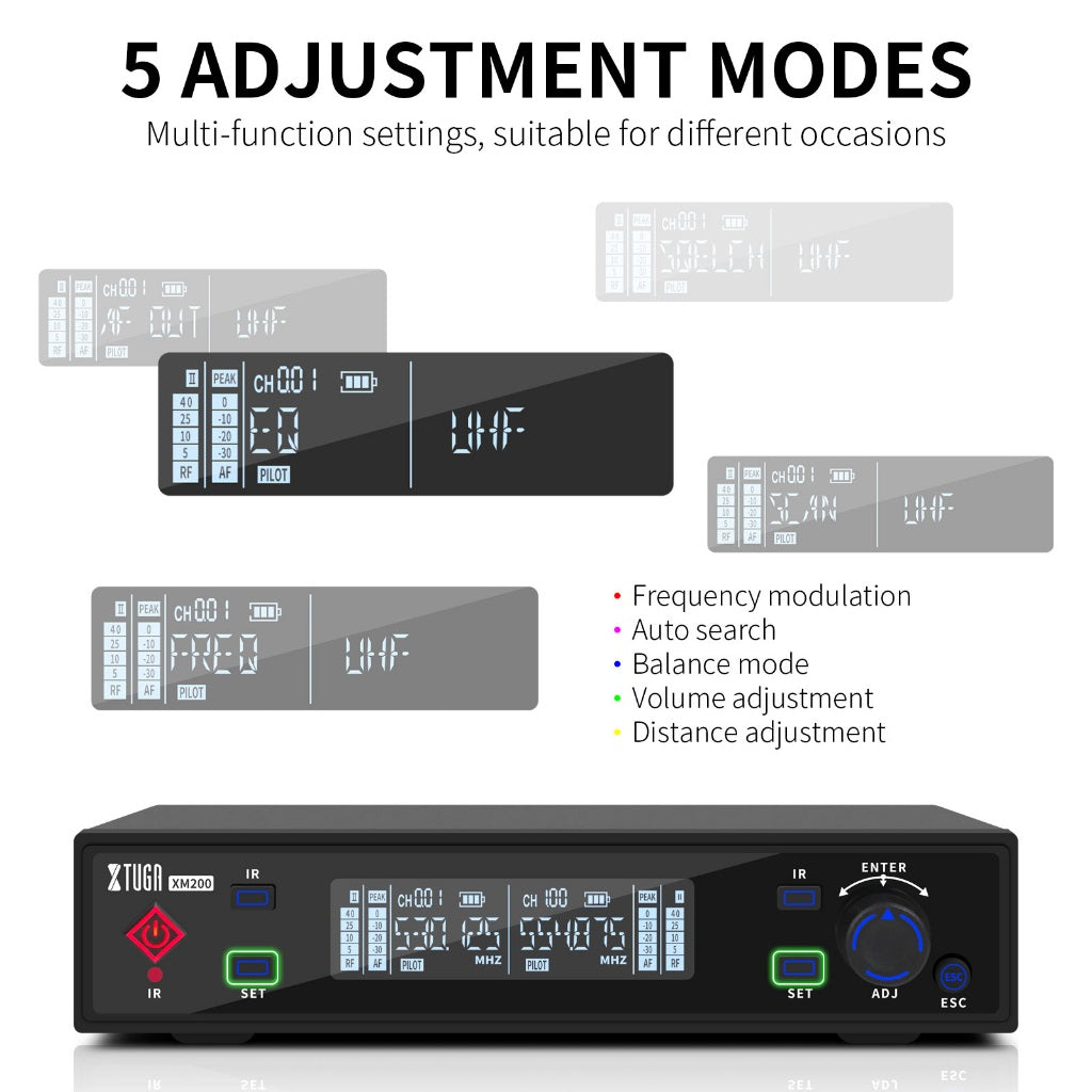 XTUGA XM200 true diversity mic with 5 adjustment modes for various occasions and settings
