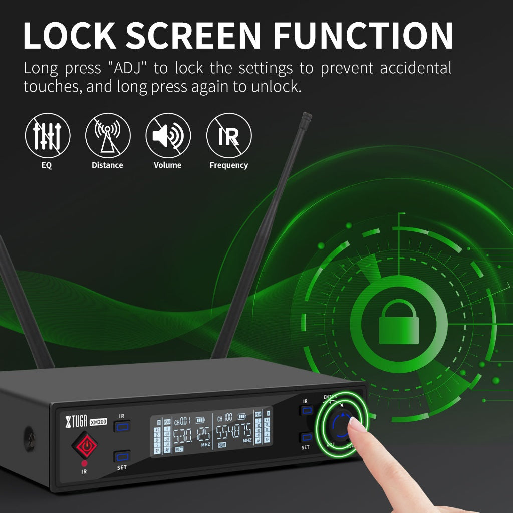 XTUGA XM200 true diversity mic with lock screen function for preventing accidental changes