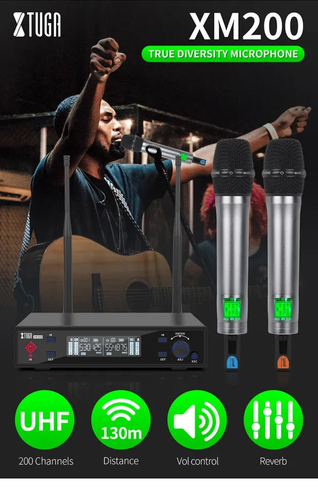 XTUGA XM200 true diversity mic system with dual microphones, 200 channels, and 130m range for clear audio