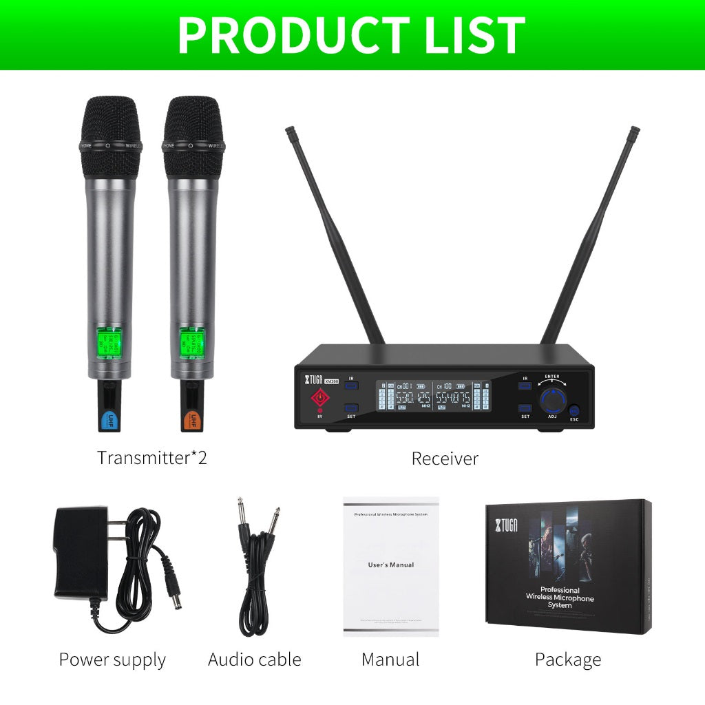 XTUGA XM200 true diversity mic wireless microphone system with two transmitters and receiver