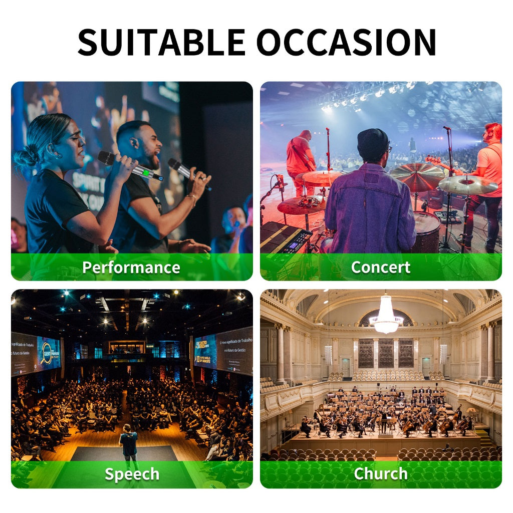 XTUGA XM200 true diversity mic showcased in various settings like performances, concerts, speeches, and church events