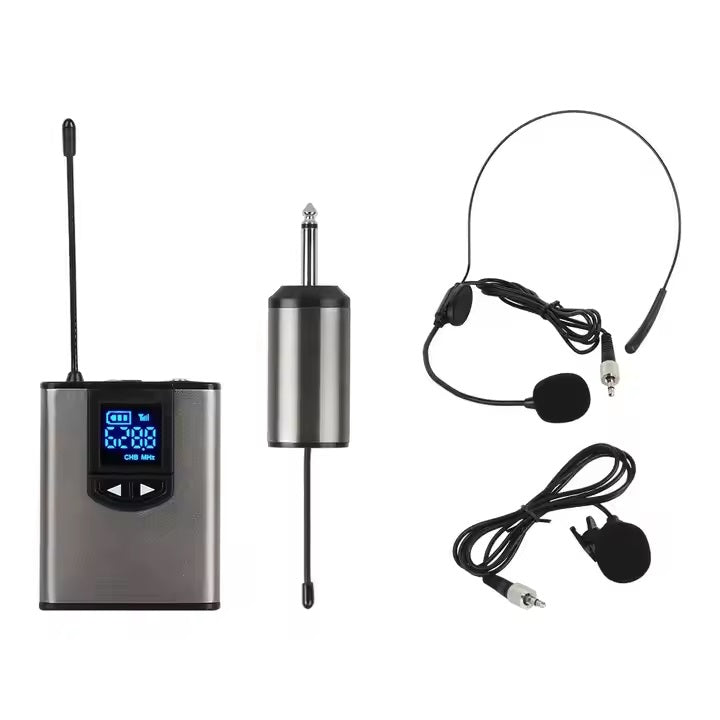 XTUGA A1 headset mic wireless system with bodypack transmitter quarter inch plug headband headset and lavalier mic