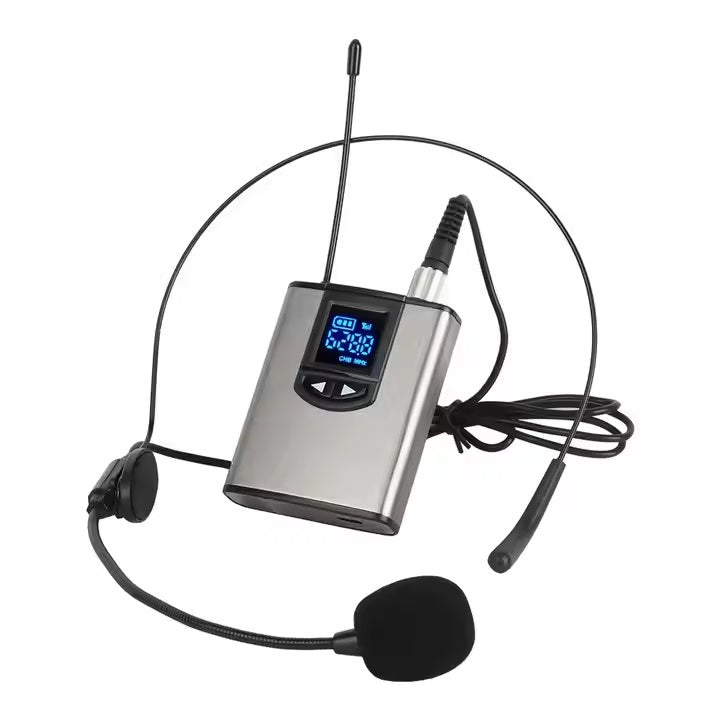XTUGA A1 headset mic wireless silver bodypack transmitter with headworn boom mic and foam windscreen