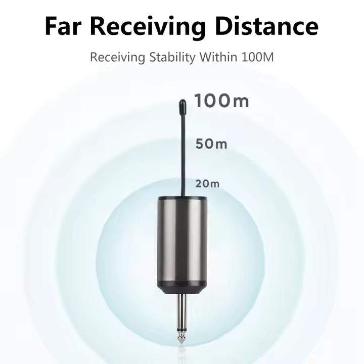 XTUGA A1 headset mic wireless receiver dongle with antenna and one quarter inch jack showing 100m range