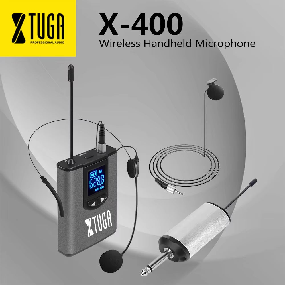 XTUGA A1 headset mic wireless by VMIDirect showing bodypack transmitter with headset mic and plug receiver