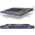 XTUGA CT120 audio mixer with phantom power. Blue 12 channel tabletop mixer with faders knobs and XLR inputs