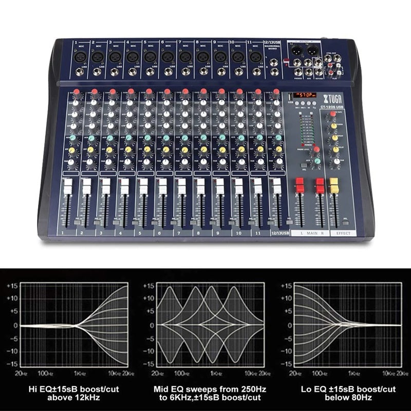 XTUGA CT120 audio mixer with phantom power 12 channel tabletop mixer with faders and EQ