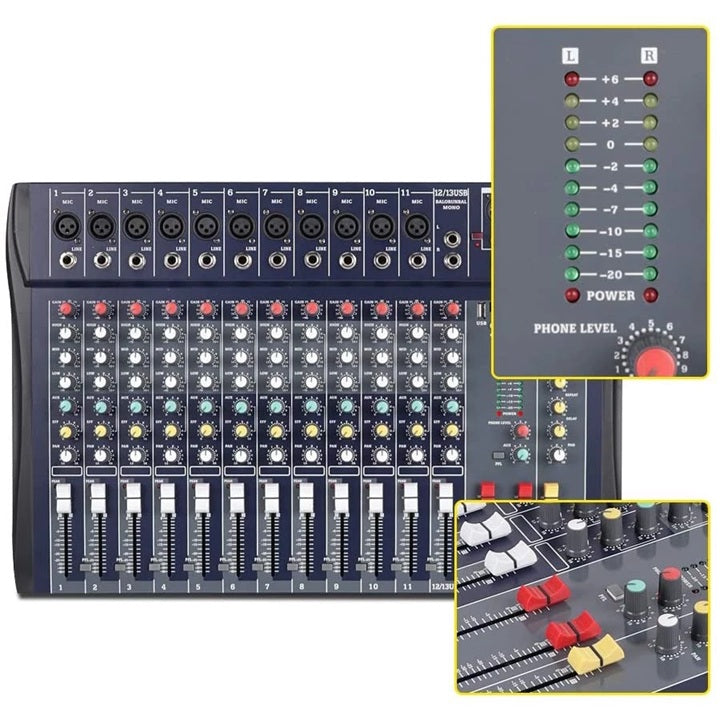 XTUGA CT120 audio mixer with phantom power. 12 channel mixer with XLR inputs faders knobs and LED level meters