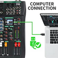 XTUGA CT120 audio mixer with phantom power connected to laptop via USB showing inputs
