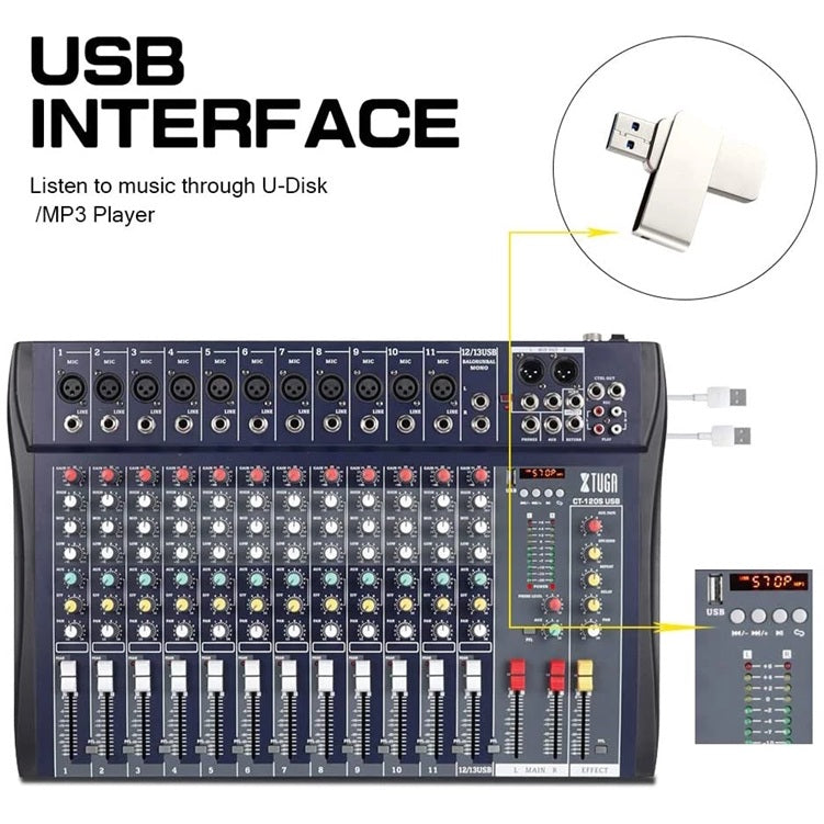 XTUGA CT120 audio mixer with phantom power showing USB interface multiple channel faders