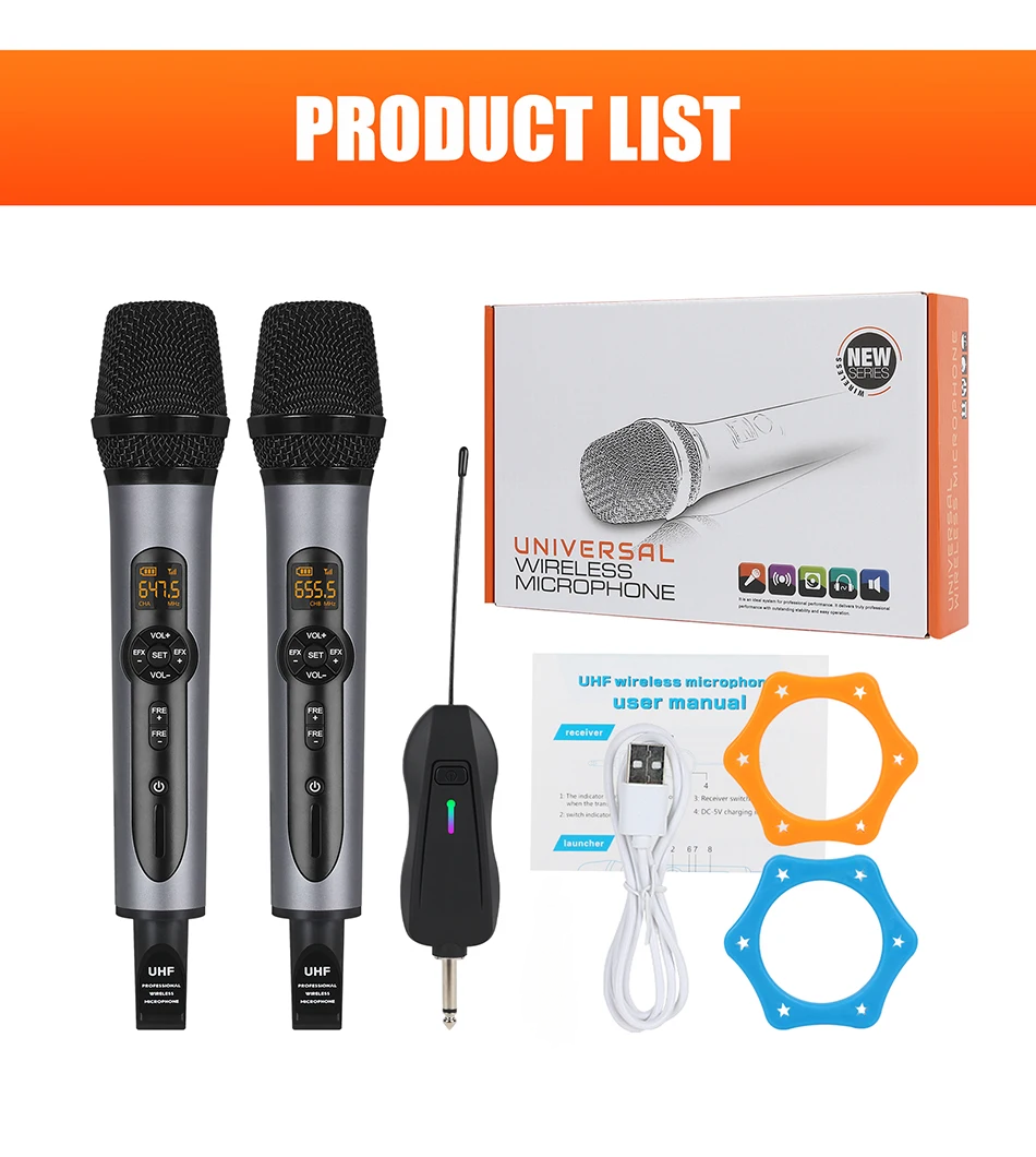 XTUGA UH01 metal microphone dual wireless handheld set with receiver and accessories