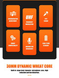 XTUGA UH01 metal microphone infographic listing UHF KTV sound reverberation adjustment smart compatibility and 30mm dynamic core
