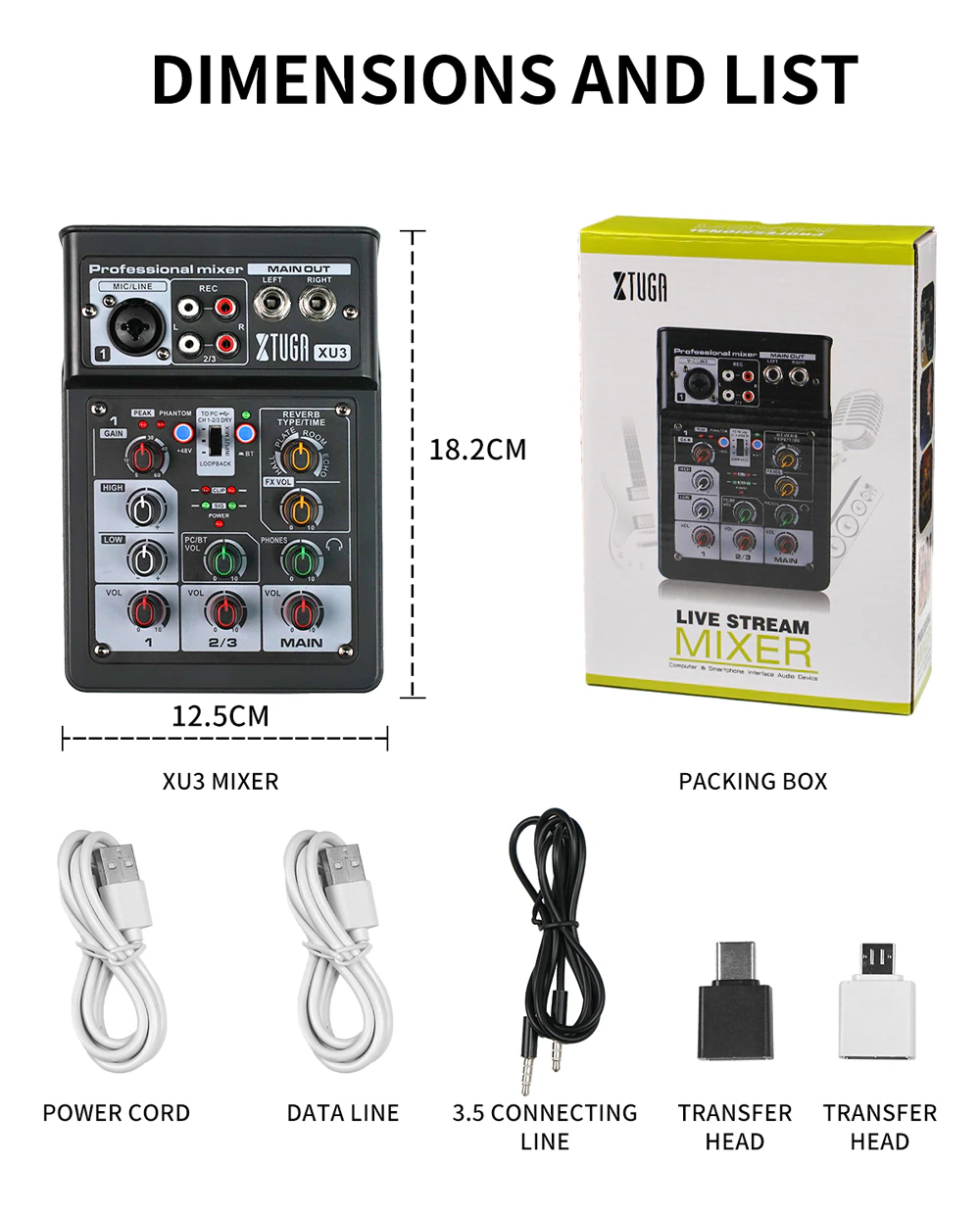 XTUGA XU3 mini audio interface with multiple inputs and accessories for professional sound mixing