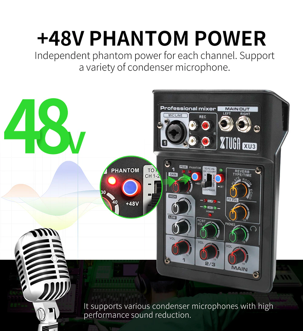 XTUGA XU3 mini audio interface with phantom power and multiple input options for professional sound mixing