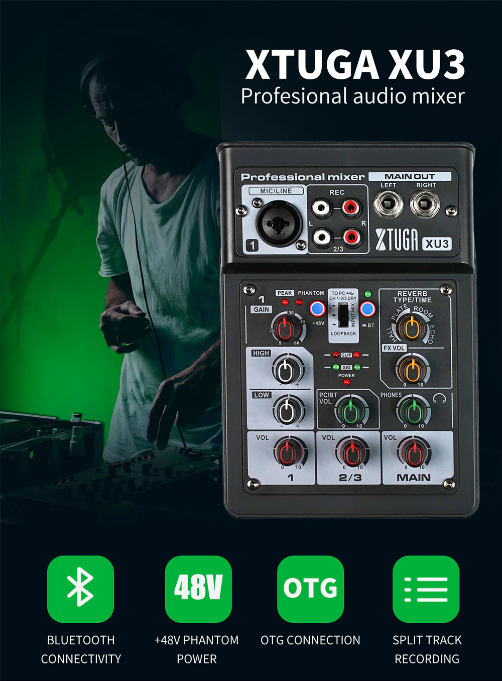 XTUGA XU3 mini audio interface with Bluetooth connectivity and 48V phantom power for professional mixing